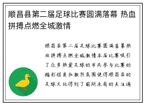 顺昌县第二届足球比赛圆满落幕 热血拼搏点燃全城激情