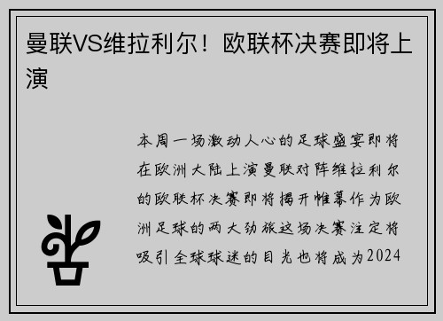 曼联VS维拉利尔！欧联杯决赛即将上演