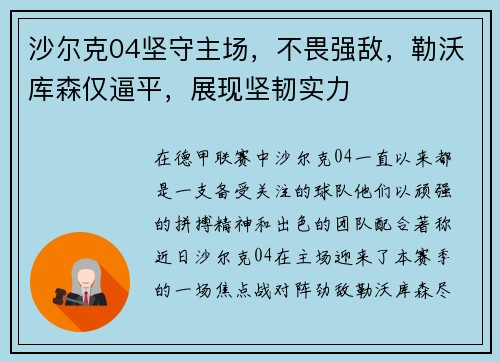 沙尔克04坚守主场，不畏强敌，勒沃库森仅逼平，展现坚韧实力