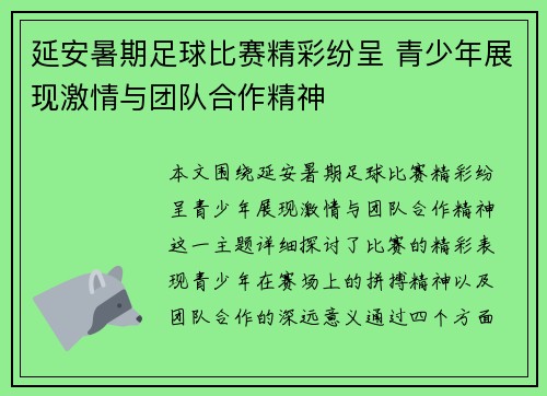 延安暑期足球比赛精彩纷呈 青少年展现激情与团队合作精神