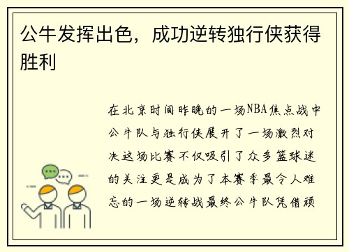 公牛发挥出色，成功逆转独行侠获得胜利