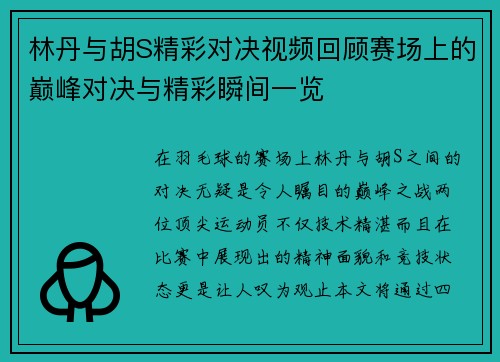 林丹与胡S精彩对决视频回顾赛场上的巅峰对决与精彩瞬间一览