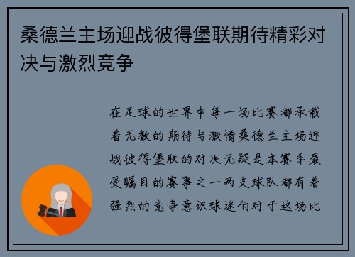 桑德兰主场迎战彼得堡联期待精彩对决与激烈竞争