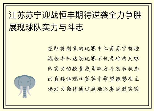 江苏苏宁迎战恒丰期待逆袭全力争胜展现球队实力与斗志
