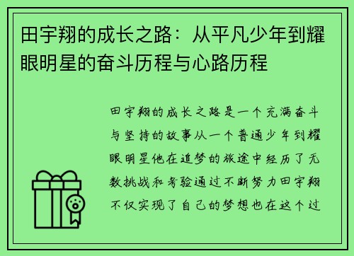田宇翔的成长之路：从平凡少年到耀眼明星的奋斗历程与心路历程
