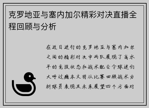 克罗地亚与塞内加尔精彩对决直播全程回顾与分析