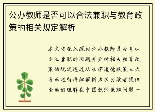 公办教师是否可以合法兼职与教育政策的相关规定解析