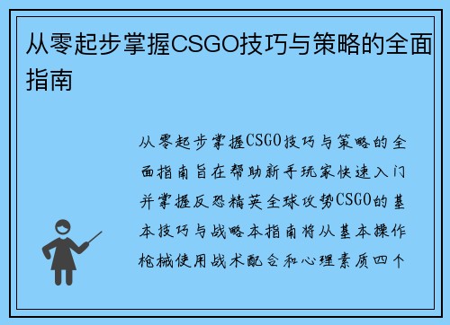 从零起步掌握CSGO技巧与策略的全面指南
