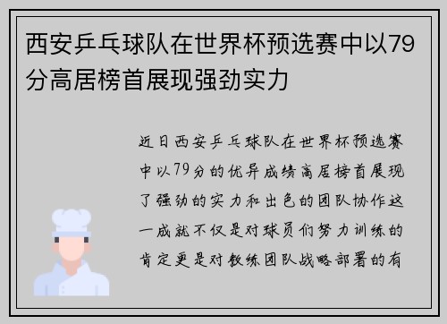 西安乒乓球队在世界杯预选赛中以79分高居榜首展现强劲实力